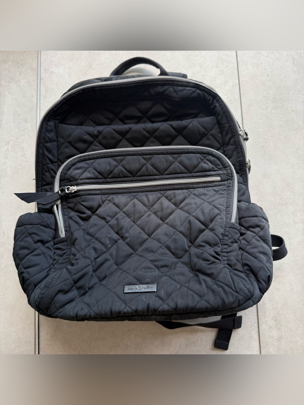 Vera Bradley backpack Black Medium puffer Logo different pockets zipper